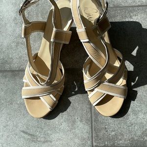 Strappy Tan and White Wedge Sandals by Butter